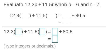 Evaluate 12.3p + 11.5r when p = 6 and r = 7.-example-1