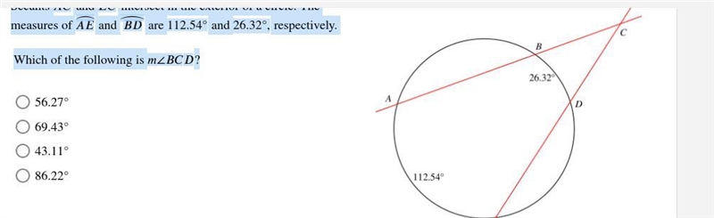 Secants ⎯⎯⎯⎯⎯⎯⎯⎯ and ⎯⎯⎯⎯⎯⎯⎯⎯⎯ intersect in the exterior of a circle. The measures-example-1