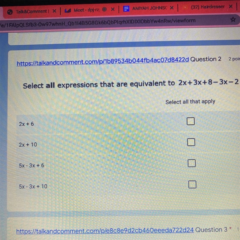 Select all expressions that are equivalent to 2x+3x+8-3x-2.-example-1