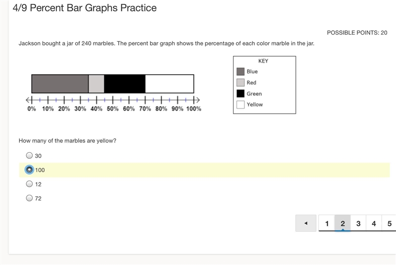 Jackson bought a jar of 240 marbles. The percent bar graph shows the percentage of-example-1