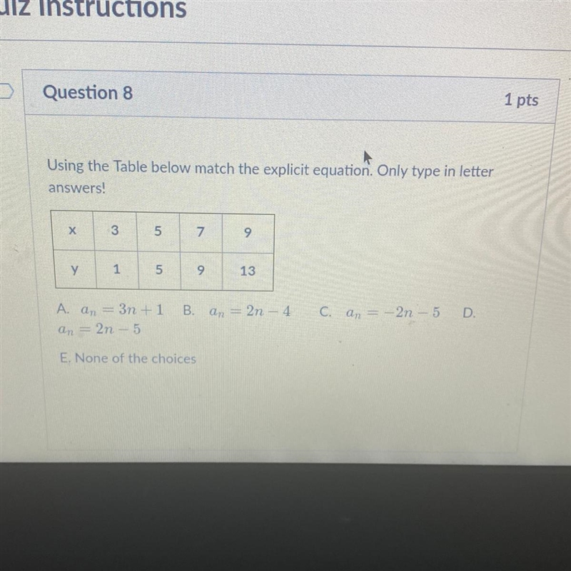 I Using the Table below match the explicit equation. Only type in letter answers! х-example-1