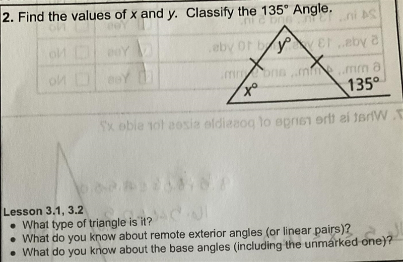 2. Find the values of x and y. Classify the 135° Angle-example-1