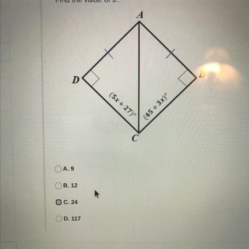 Find the value of x. A. 9 B. 12 C. 24 D. 117-example-1