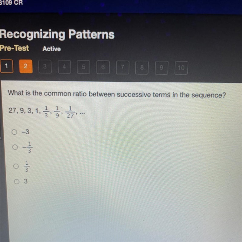 What is the common ratio between successive terms in the sequence? 27, 9, 3, 1, , 1, 3 O-example-1