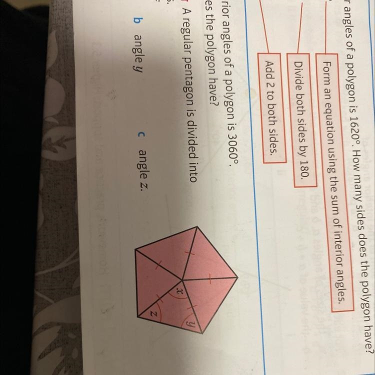 a regular pentagon is divided into 5 isoscleles triangles work out the size of angle-example-1