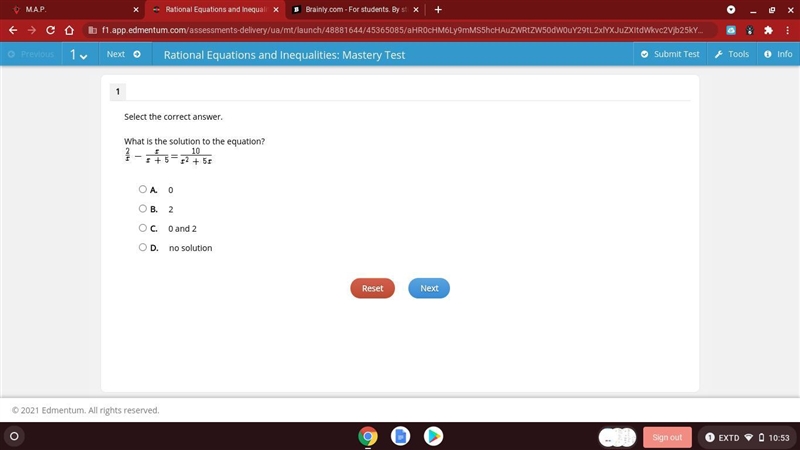 What is the solution to the equation? A. 0 B. 2 C. 0 and 2 D. no solution-example-1