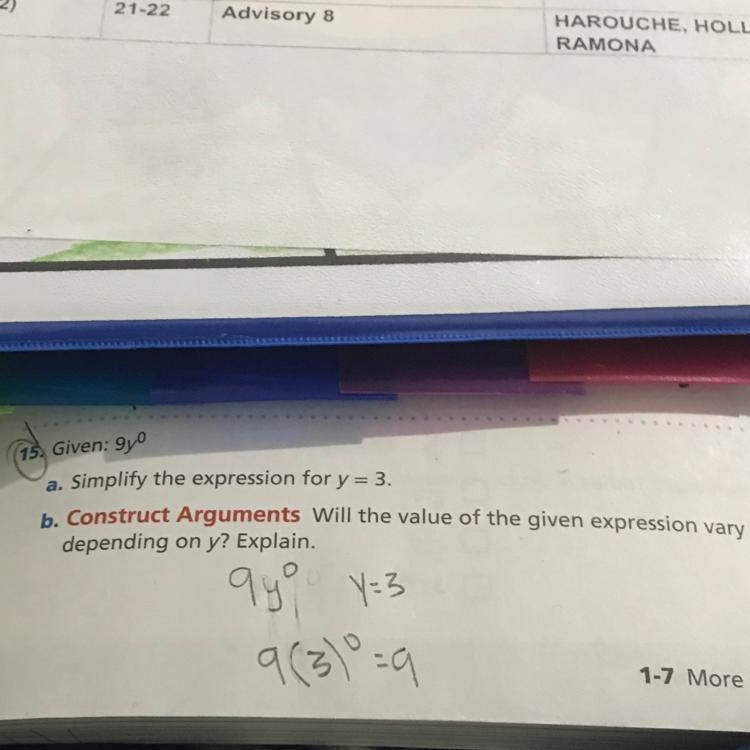 15. Given: 9° a. Simplify the expression for y = 3. b. Construct Arguments Will the-example-1