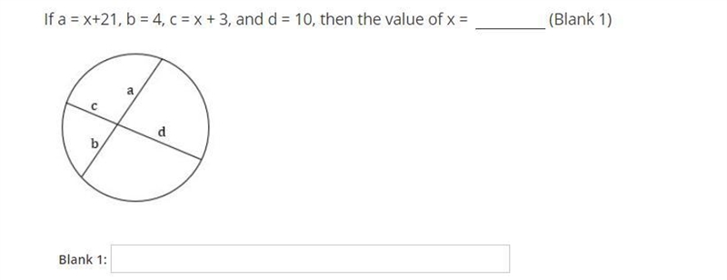 If a = x+21, b = 4, c = x + 3, and d = 10, then the value of x =-example-1