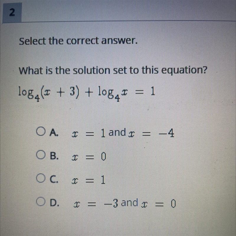 What is the solution set to this equation? log_4(x + 3) + log_4x = 1-example-1