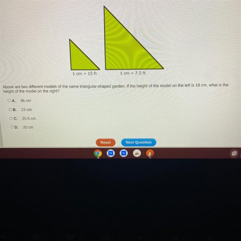 1 cm = 15 ft 1 cm = 7.5 ft Above are two different models of the same triangular-shaped-example-1