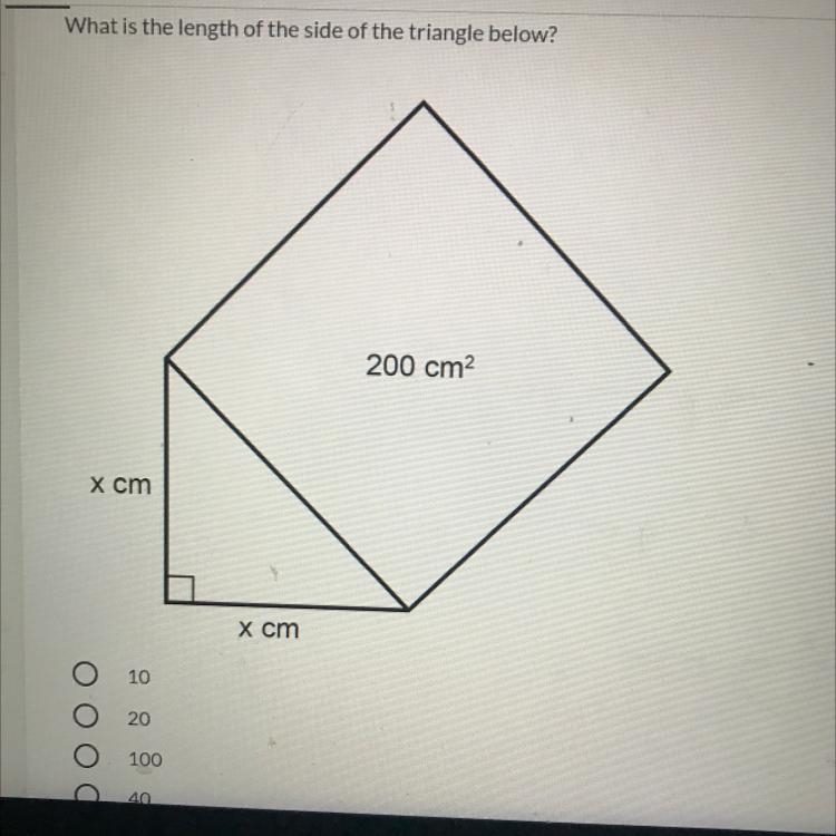 What is the length of the side of the triangle below? 200 cm x cm x cm-example-1