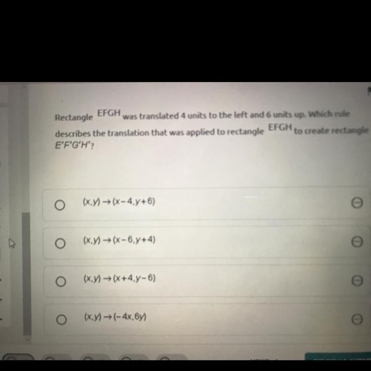 Rectangle EFGH was translated 4 units to the left and 6 units up. Which rule describes-example-1