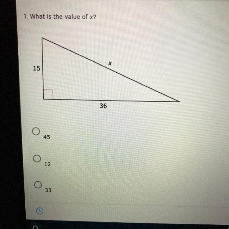 1. What is the value of x? A. 45 B. 12 C. 33 Pls help-example-1