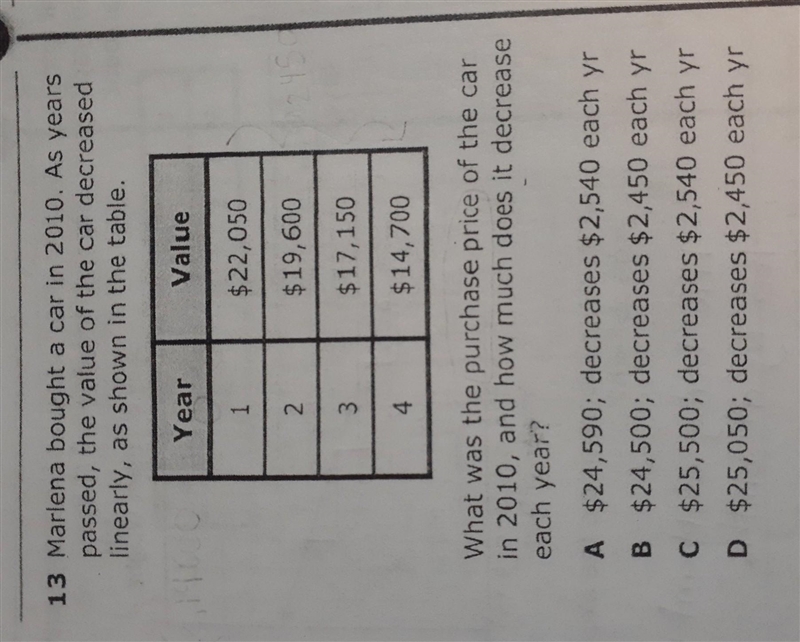 Marlena bought a car in 2010. As years passed, the value of the car decrease linearly-example-1