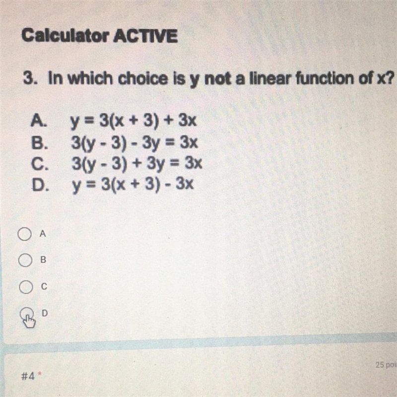 In which choice is y not a linear function of x?-example-1