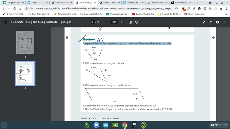 . A patio is built in the shape of a trapezoid, as shown. Determine the area of the-example-1