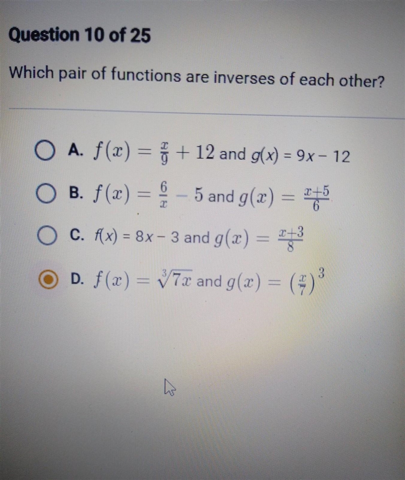 Which pair of functions are inverses of each other? ​-example-1