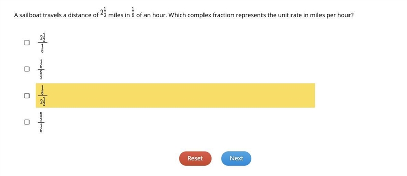 A sailboat travels a distance of miles in of an hour. Which complex fraction represents-example-1