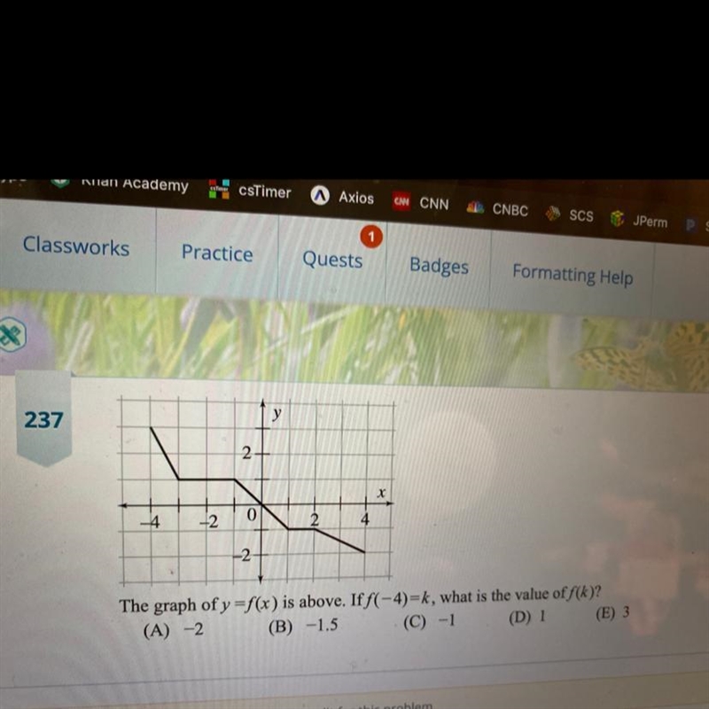 The graph of y=f(x) is above. If f(-4)=k, what is the value of f(k)? (A) -2 (B) -1.5 (C-example-1