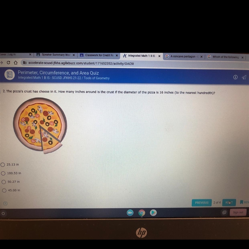 How many inches around is the crust if the diameter of the pizza is 16 inches?-example-1