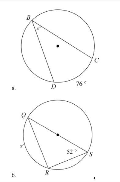 Match the given arc or inscribed angle to its measure. 1. x = 38° 2. x = 180° 3. x-example-1