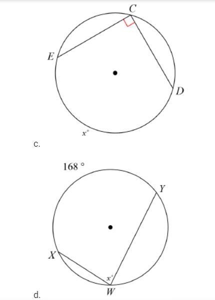 Match the given arc or inscribed angle to its measure. 1. x = 38° 2. x = 180° 3. x-example-2