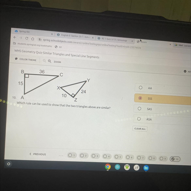 Which rule can be used to show that the two triangles above are similar? SSS SAS ASA-example-1