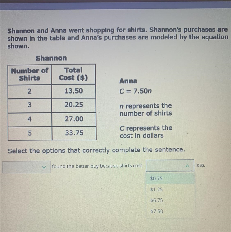 Shannon and Anna went shopping for shirts. Shannon's purchases are shown in the table-example-1