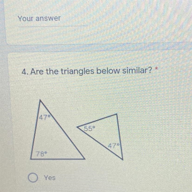 Are the triangles below similar? yes or no?-example-1