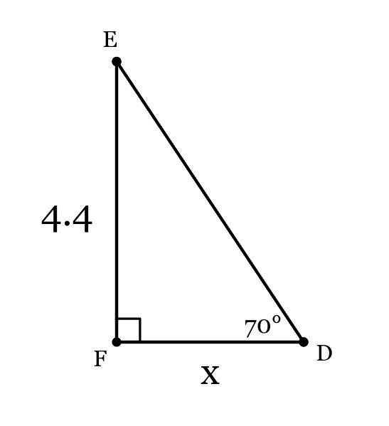 In ΔDEF, the measure of ∠F=90°, the measure of ∠D=70°, and EF = 4.4 feet. Find the-example-1