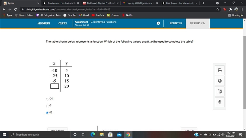 The table shown below represents a function. Which of the following values could not-example-1