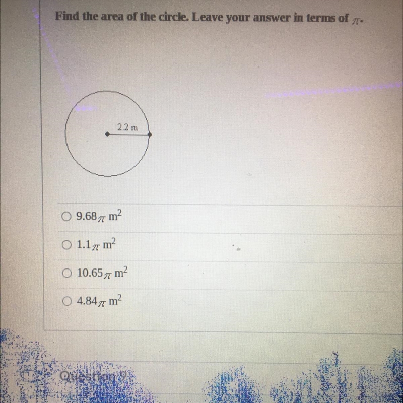 Find the area of the circle. Leave your answer in terms of pi-example-1