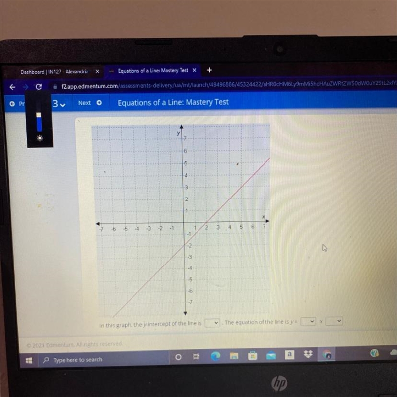 In this graph,the y-intercept of the line is ___. The equation of the line is y= ___ x-example-1