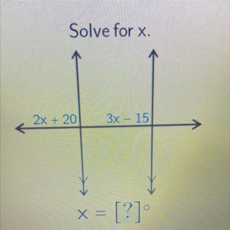 2x+20 3x-15 solve for x=?-example-1