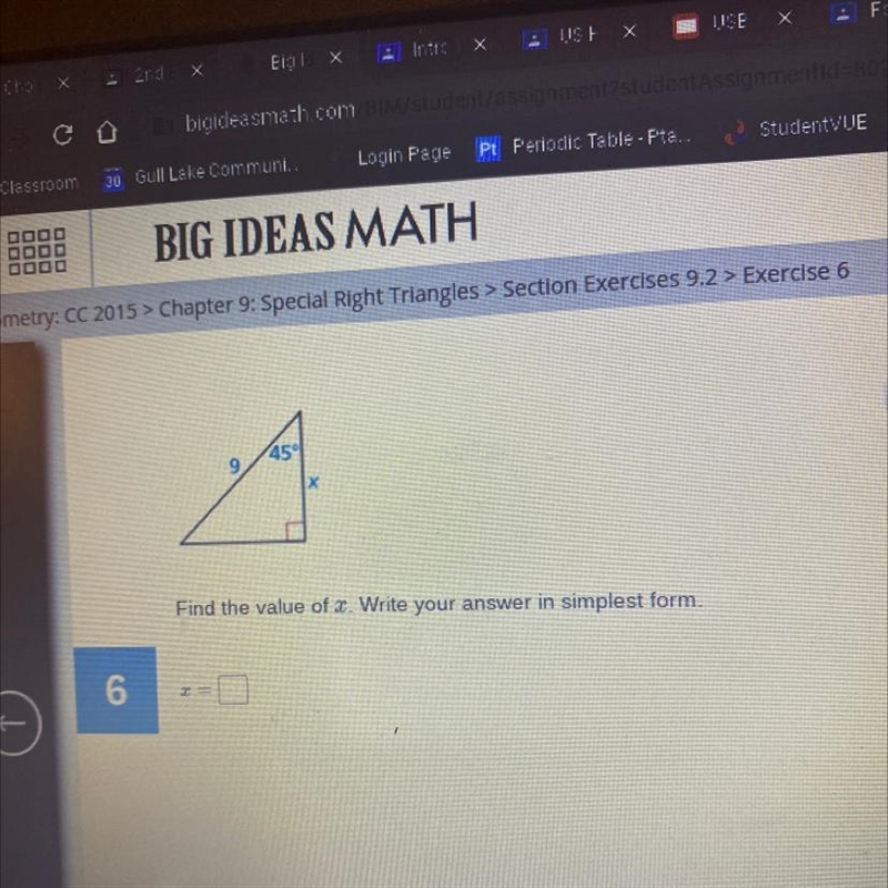 45° 9 X Find the value of x. Write your answer in simplest form.-example-1