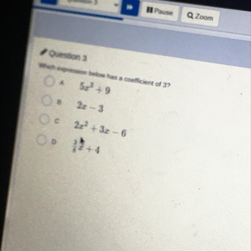 Which expression below has a Coefficient of 3?-example-1