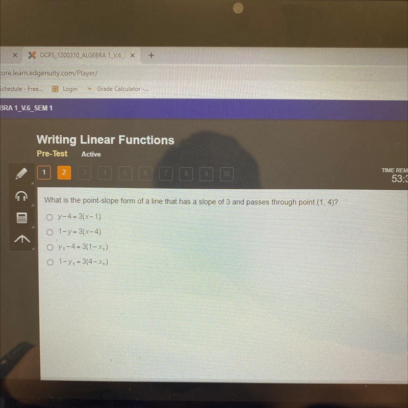 What is the point stope form of a line that has a stope of 3 and passes through point-example-1