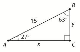 Select all of the true equations. sin(27)=x/15 cos(63)=y/15 tan(27)=y/x sin(63)=x-example-1