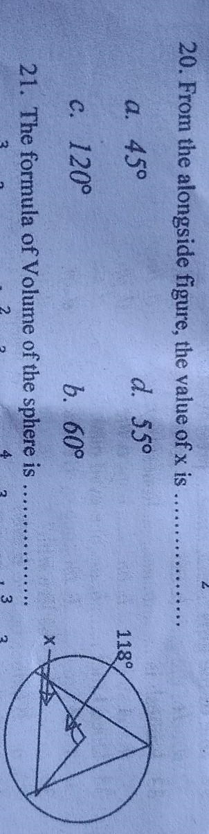 20. From the alongside figure, the value of x is a. 45° b.55 c.120 d.60​-example-1