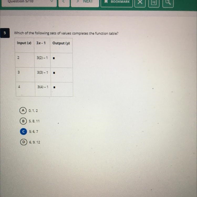5 Which of the following sets of values completes the function table? Input (x) 3x-example-1