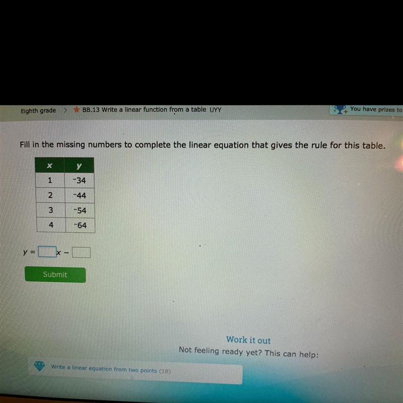 Fill in the missing numbers to complete the linear equation that gives the rule for-example-1