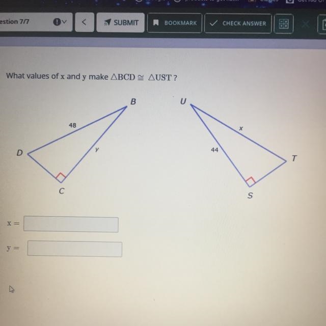 What values of x and y make BCD ~UST?-example-1