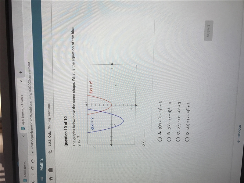 The graph below have the same shape. What is the equation of the blue graph?-example-1