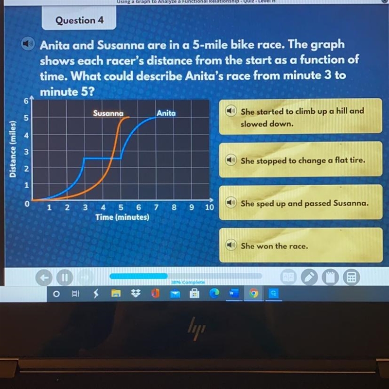 Anita and Susanna are in a 5-mile bike race. The graph shows each racer's distance-example-1