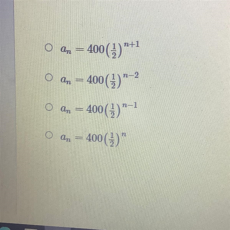 What is the explicit rule for the geometric sequence? 400, 200, 100, 50,... (I'll-example-1