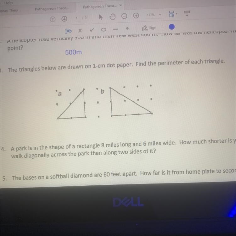 3. The triangles below are drawn on 1-cm dot paper. Find the per 1-example-1