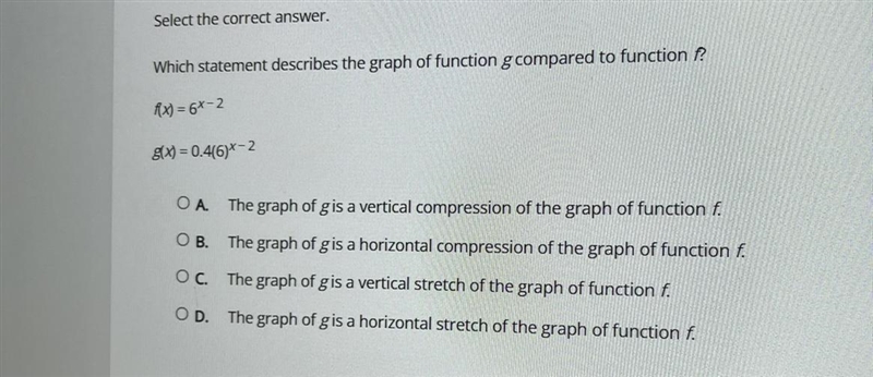 Which statement describes the graph of function g compared to function ? f(x) = 6X-example-1