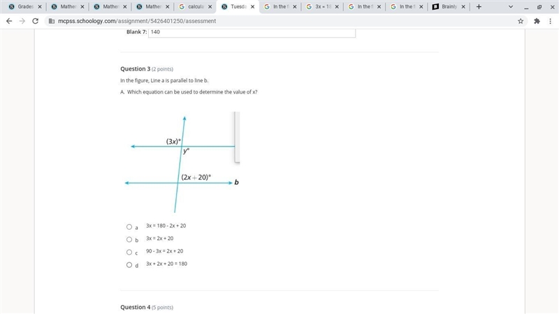 In the figure, Line a is parallel to line b. A. Which equation can be used to determine-example-1