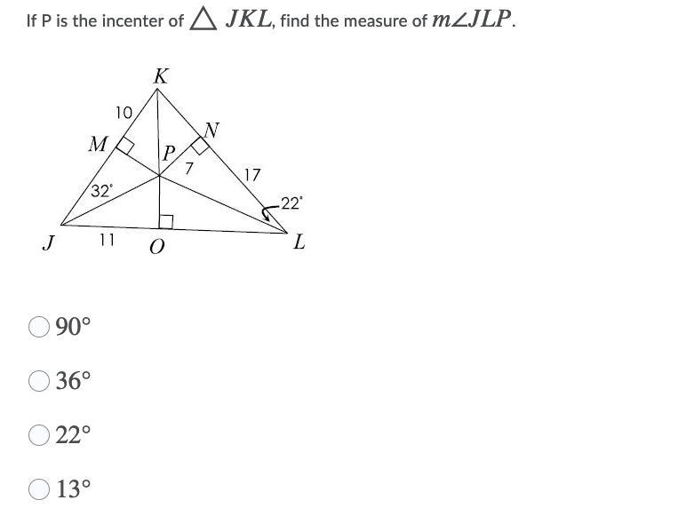 If P is the incenter of JKL, find the measure of JLP-example-1