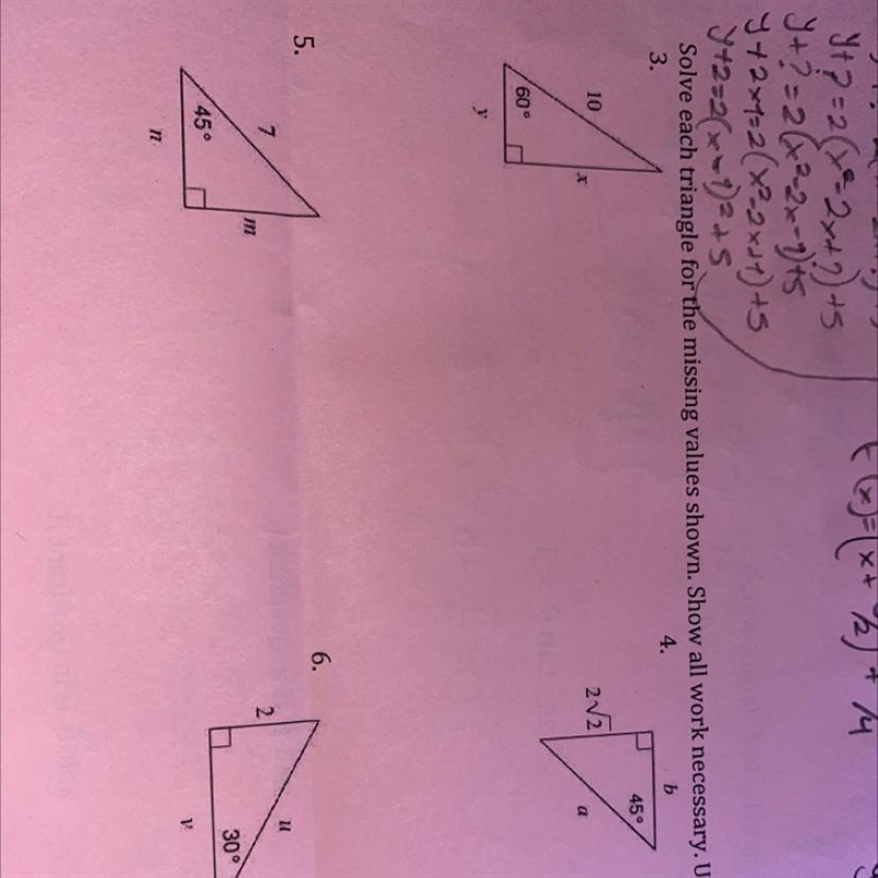 Solve each triangle for the missing values shown. Show all work necessary. Use exact-example-1